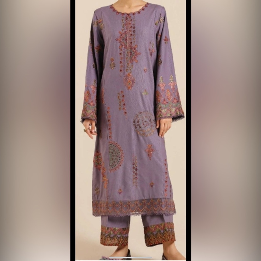 Embroidered Purple Long Sleeve Dress and Pants Set